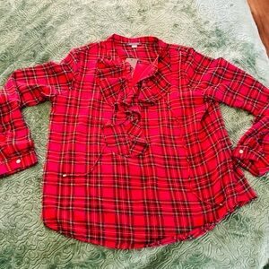 Tommy Hilfiger Tartan Red Plaid Ruffle Blouse Christmas classic Retro vibes Sz L